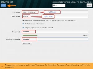 red hat enterprise linux 7 installation - 19 Create user administrator