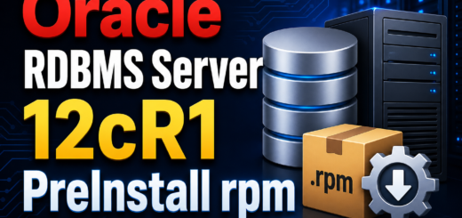Oracle RDBMS Server 12cR1 PreInstall RPM graphic featuring database cylinders and a server rack.